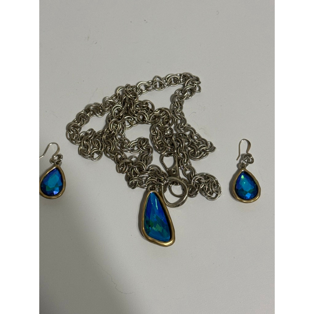 Silver Chain Necklace & Earring Set with Blue Iridescent Teardrop Crystals Boho - Picture 3 of 5